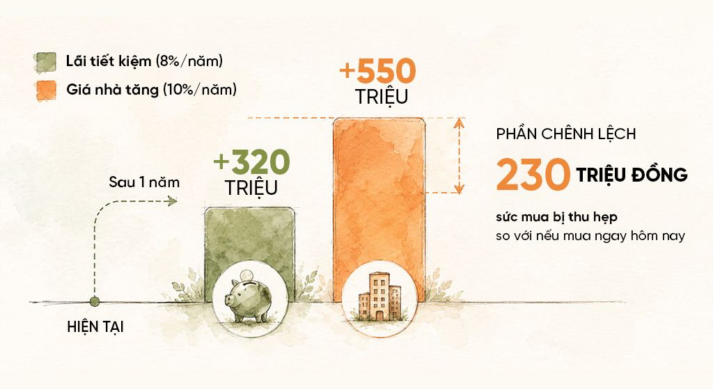 Khi giá nhà tăng nhanh hơn lãi tiết kiệm, sức mua có thể bị kéo giãn dù tài khoản vẫn sinh lời.