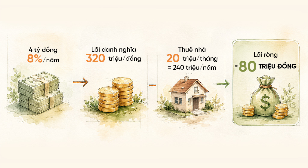 Lãi danh nghĩa tạo cảm giác tăng trưởng; lãi ròng mới cho thấy sức mua còn lại sau một năm chờ đợi.