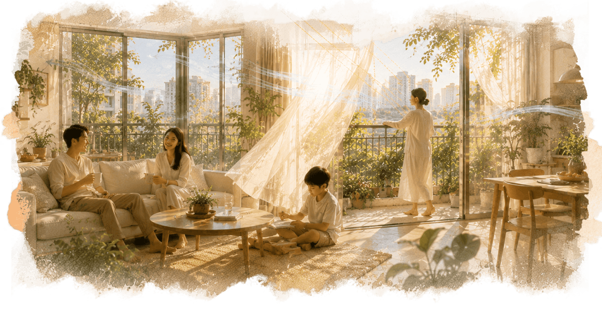 căn hộ xanh, ánh sáng tự nhiên, thông gió tự nhiên, không gian sống xanh, thiết kế căn hộ, căn hộ cho gia đình, sức khỏe gia đình