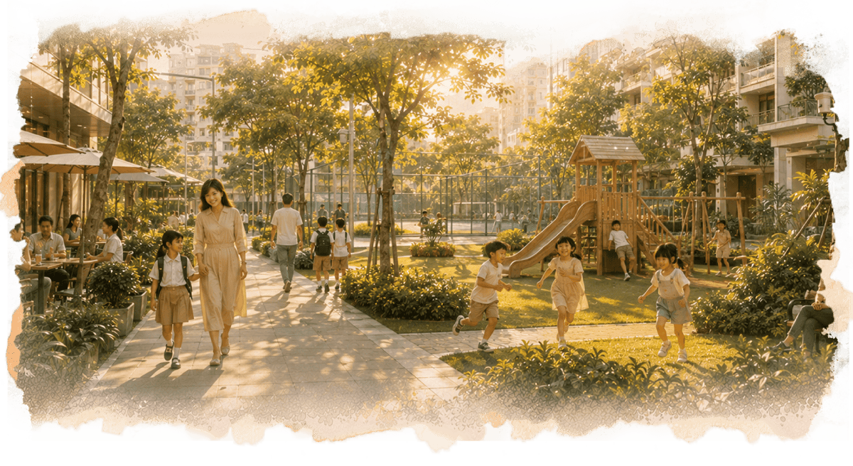 căn hộ cho gia đình, môi trường sống cho trẻ, sân chơi trẻ em, khu dân cư văn minh, an toàn cho trẻ, không gian sống cho gia đình