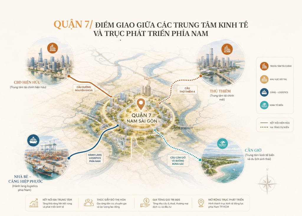 hạ tầng Nam Sài Gòn, kết nối Quận 7, Thủ Thiêm, Nhà Bè, Hiệp Phước, Cần Giờ, tăng giá bất động sản